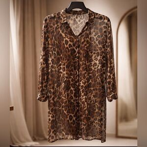 Sheer Leopard-Print Button Tunic in Brown